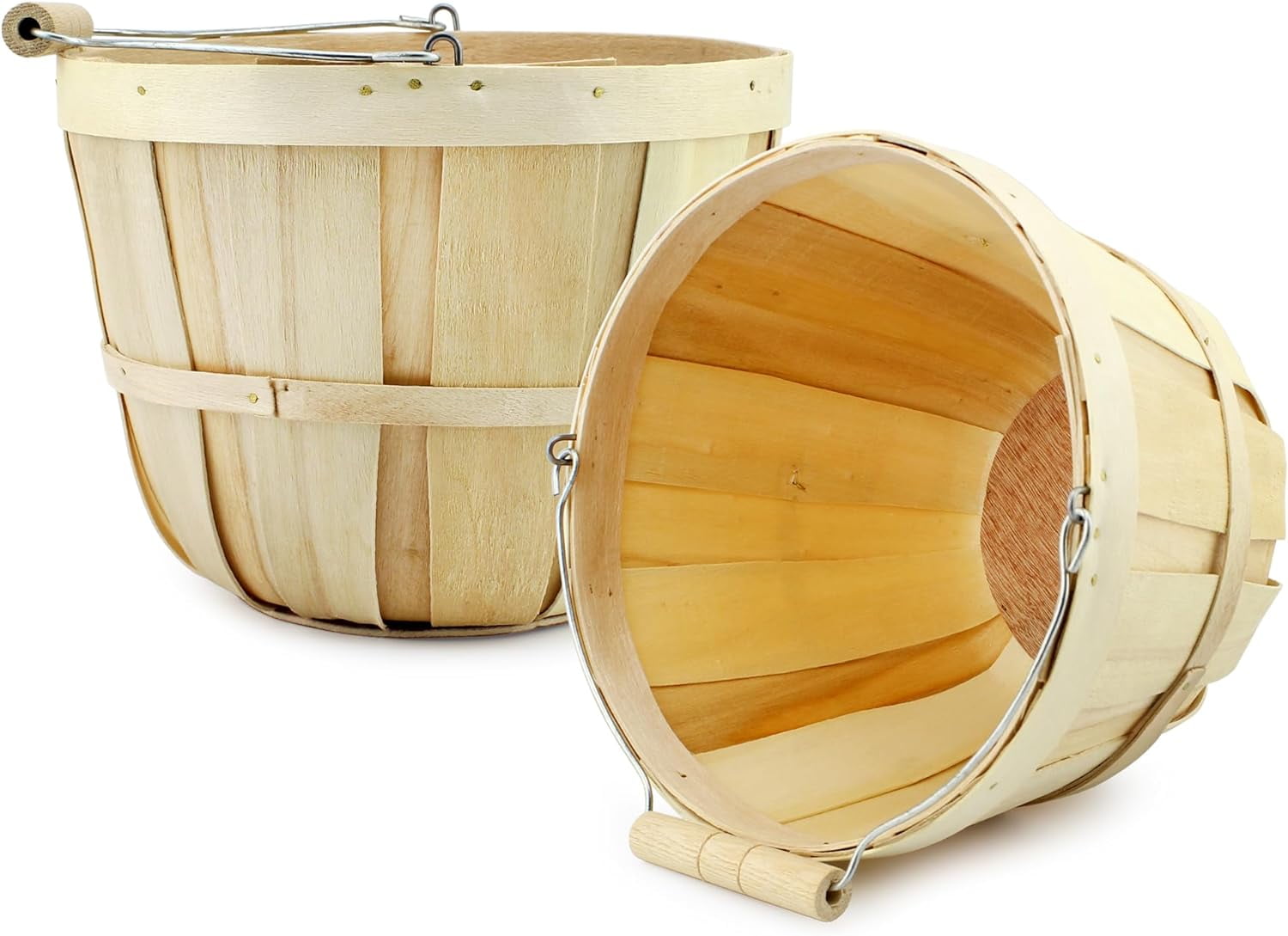 Natural Round Wooden Fruit Buckets with Handle, 4-Quart Set of 2