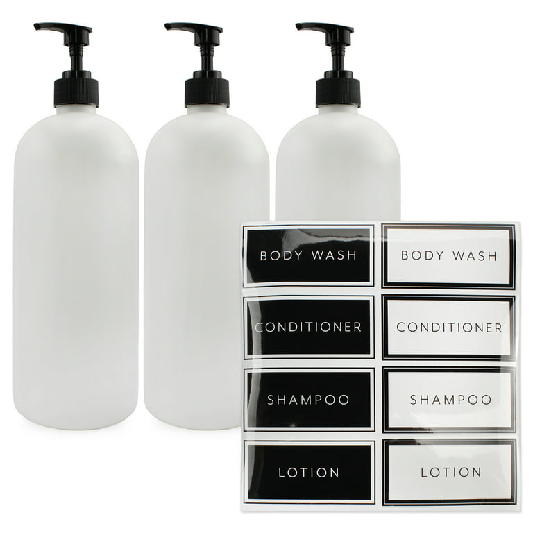 Bottiful Home-16 oz Grey Shampoo, Conditioner, Wash Shower Soap Dispensers-3 Refillable Empty Pet Plastic Pump Bottle Shower Containers-Printed