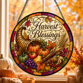Cornucopia Stained Glass Suncatcher Harvest Blessings Fall Window Hanging Decor