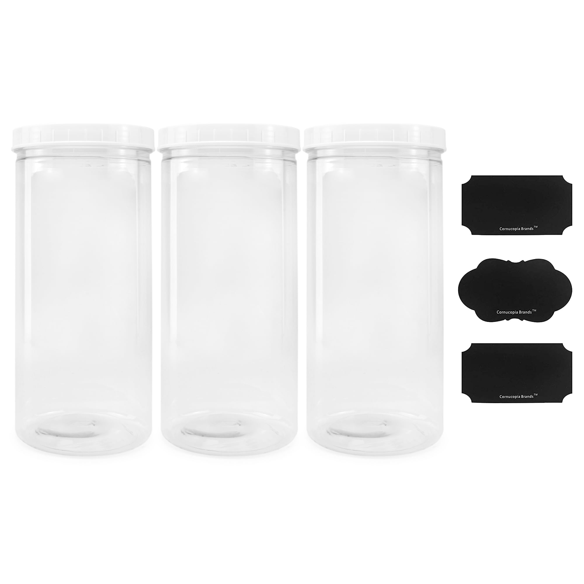 Cornucopia Tall Clear Plastic Canisters w Lids and Labels ( 3-Pack, 2.5  quart / 10 cup capacity); 10in High BPA-free PET 80oz Jars for Food & Home  Storage 