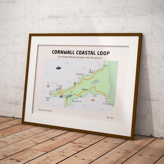 Cornwall Coastal Map Print Campervan Route Calm Colors, Unframed Paper Print