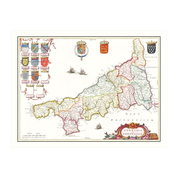 Cornwall England Art, 1665 Vintage Map of Cornwall England History Wall Decor Gift, Old Cornwall Map - 24" x 18" Unframed Print
