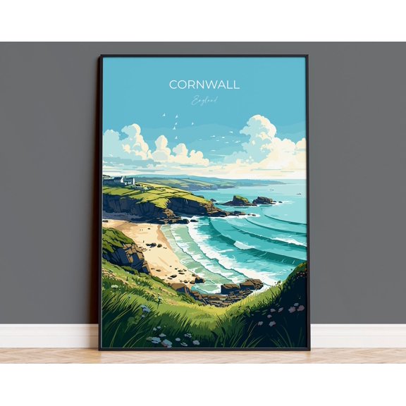 Cornwall Travel Print, Travel Poster of Cornwall, England, Cornwall Art, Cornwall Gift, Wall Art Print, 8x12 UNFRAMED