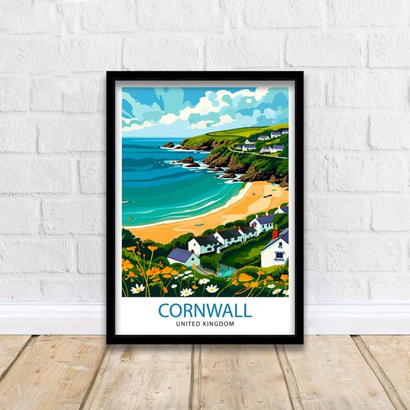 Cornwall United Kingdom Print Coastal Charm Art English Seaside Poster Cornish Coastline Wall Decor British Countryside Illustration, Poster Only