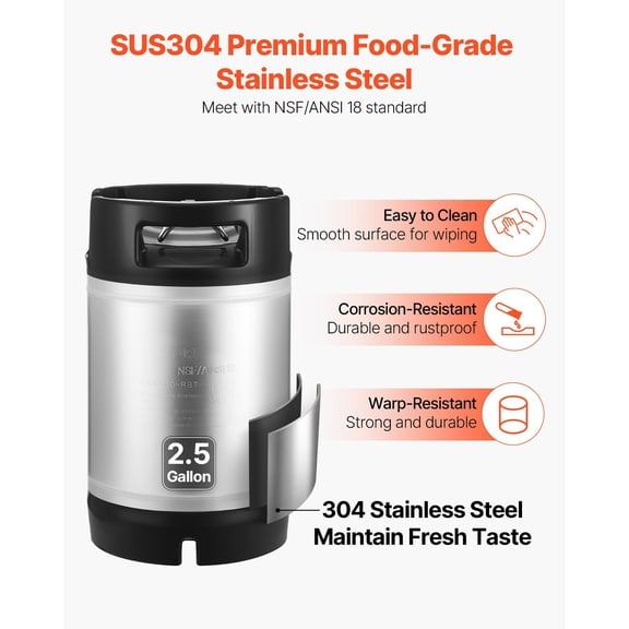 Corny Keg,2.5 Gallon Ball Lock Keg,SUS304 Cold Brew Kegs with Dual Rubber Handles&Heavy-Duty Rubber Bottom,Brewing Equipment for Home Brewing Party