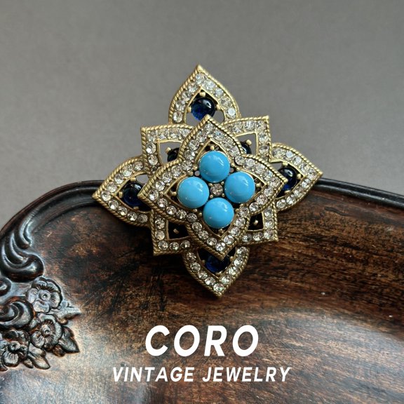 Coro Vintage Jewelry Replica: Rhine Blue Glass Imitation Turquoise Openwork Floral Brooch, Lapel Pin for Women