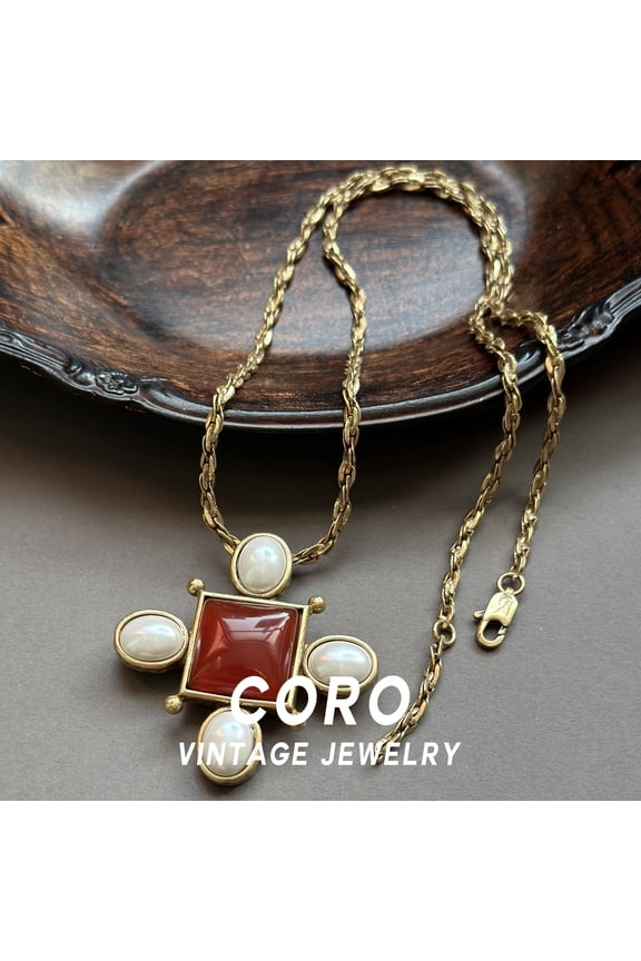 Coro Vintage Minimalist Red Natural Stone Pendant Necklace with Elegant Pearl Sweater Chain