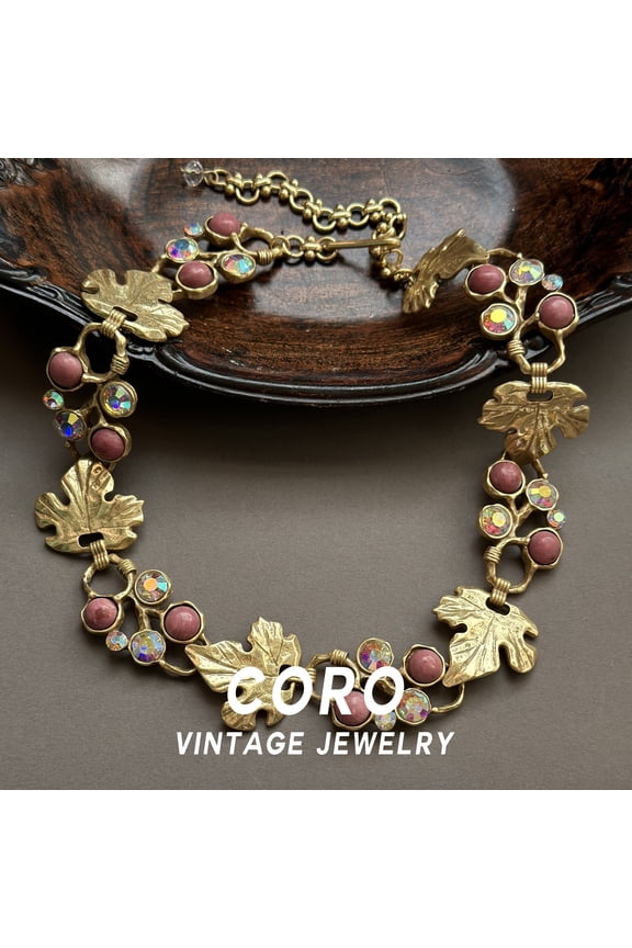 Coro Vintage-Style Antique-Finish Spring/Summer New Arrival Natural Stone Leaf Necklace, Stud Earrings, and Earring Set