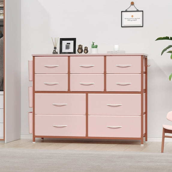 Coromose 10 Drawer Fabric Dresser for Bedroom, Chest of Drawers with Wood Top, Metal Frame & Side Pocket, Pink