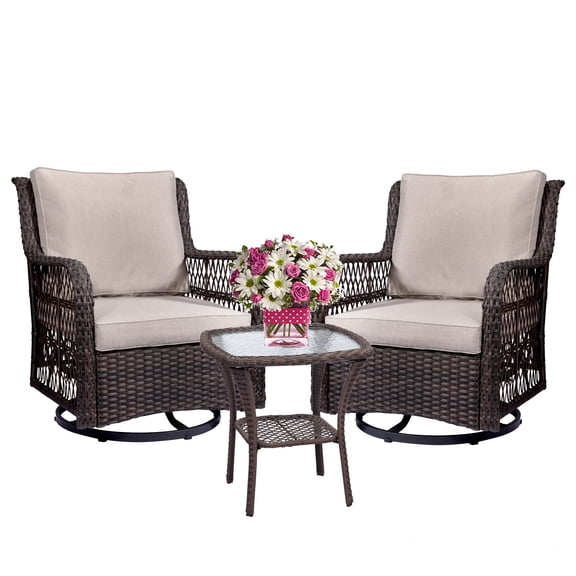 Coromose 3-Piece Patio Furniture Set, Outdoor Wicker Conversation Bistro Set with Swivel Rocking Chairs, Side Table, Beige