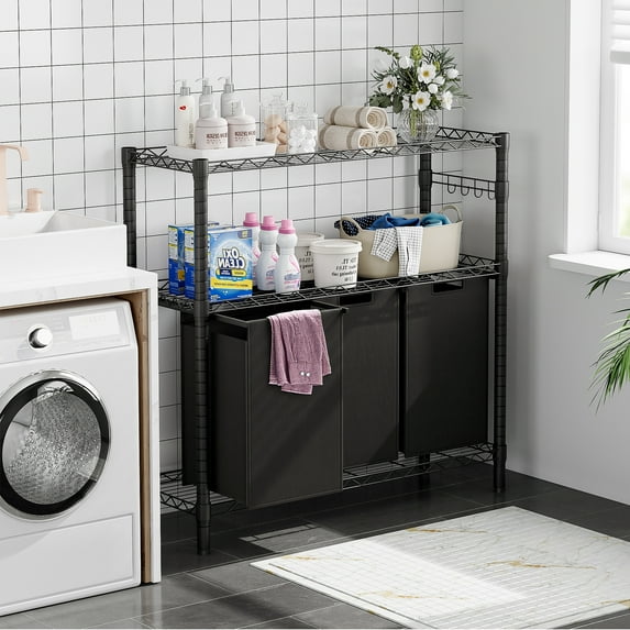 Coromose 3-Section Laundry Hamper Sorter with Shelves, Laundry Organizer and Storage