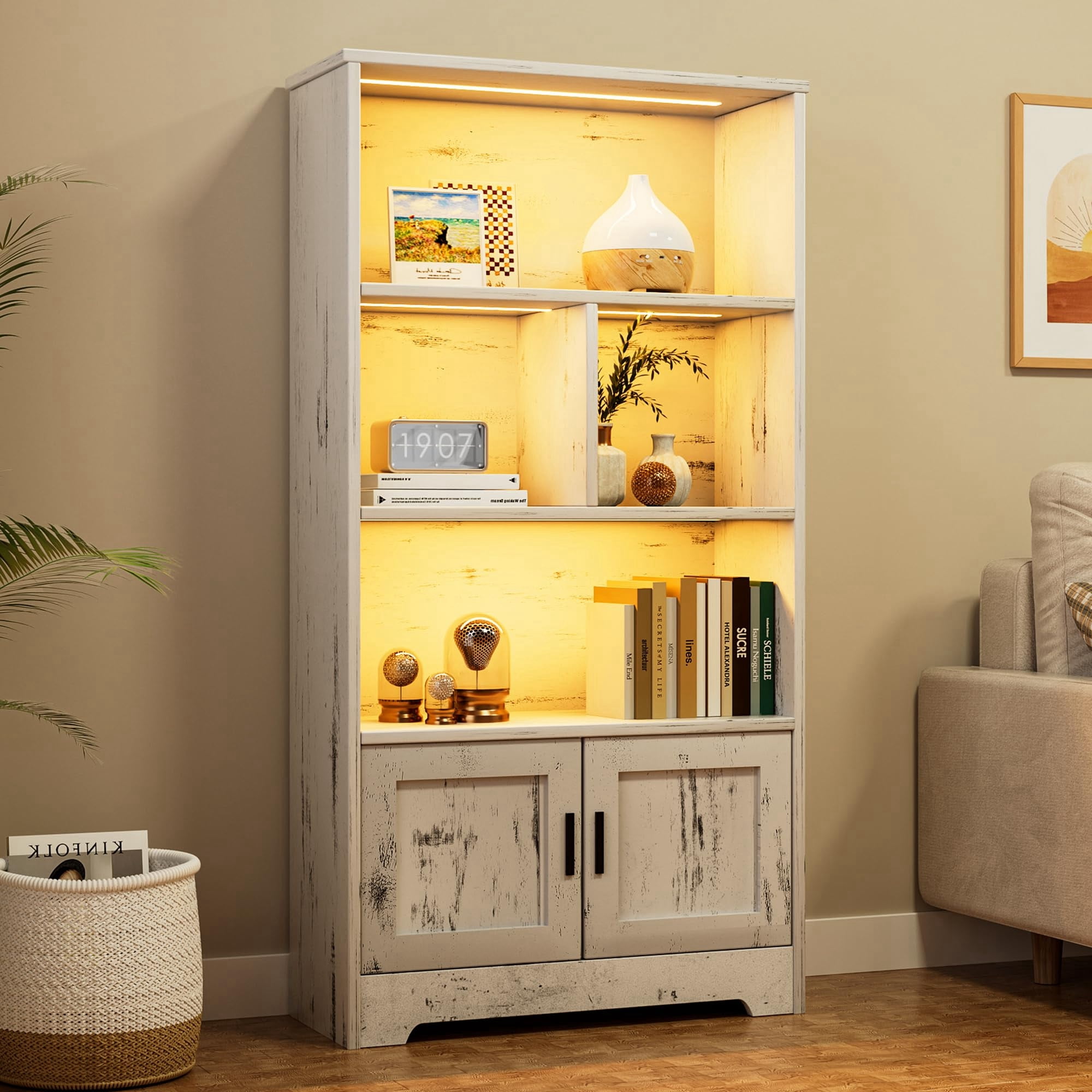 Wood Bookcase with Doors White Bookshelf with LED Lights Modern Storage Rack 3 Shelf Standing Bookshelves