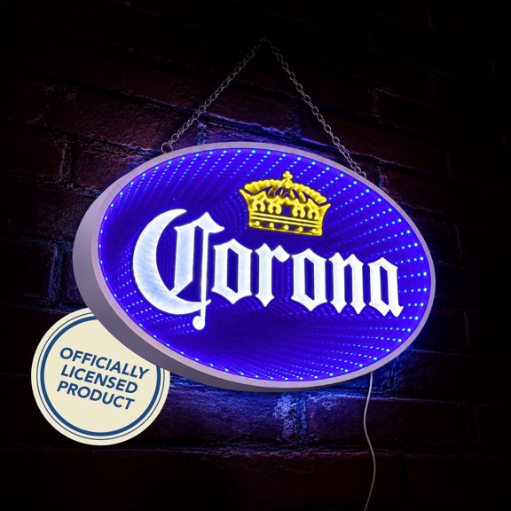 Corona Beer Infinity Mirror LED Neon Light Sign for Man Cave, Home Bar, Garage, Game Room & Pub Decor, Blue Wall Art with 3D Tunnel Lighting Effect, USB Powered Hanging Beer Bar Sign