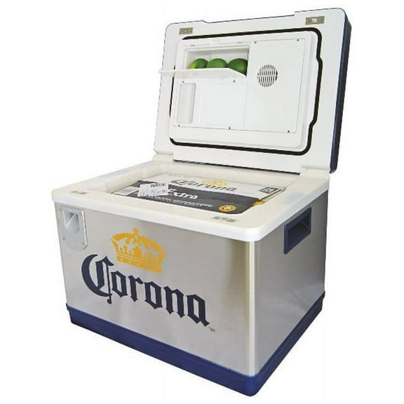 Corona Cruiser 45L (48 qt) Portable Cooler with Bottle Opener, Thermoelectric Travel Fridge, 12V DC/110V AC, Silver and Blue