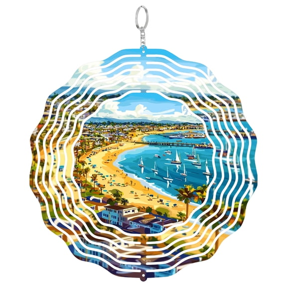 Corona Del Mar California Beach 3D Wind Spinner Metal Laser Cut Hanging Sculpture Outdoor Decor Ocean View Gift