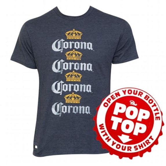 Corona Extra 34540L Mens Cotton Blend Corona Four Rows Navy Bottle Opener Pop Top T-Shirt, Large