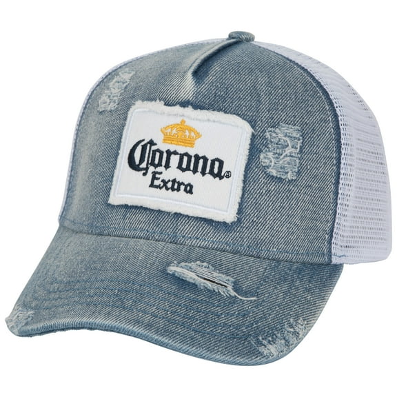 Corona Extra 862483 Corona Extra Label Patch Distressed Light Denim Adjustable Hat, Blue & White
