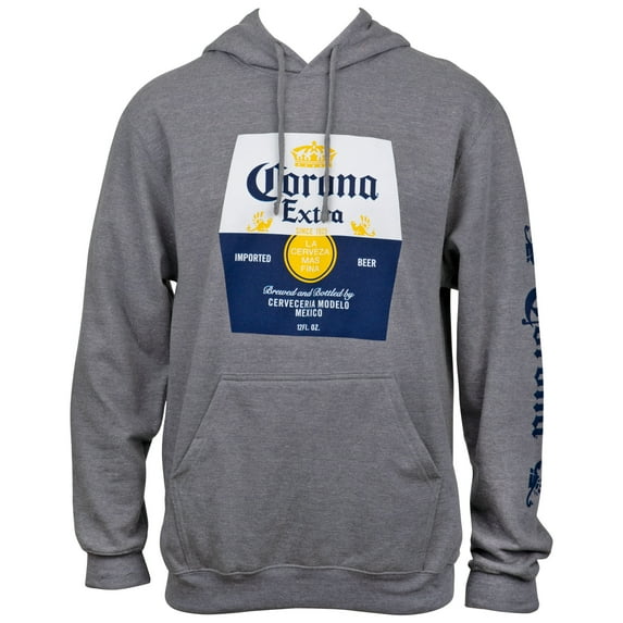 Corona Extra Beer Label Grey Hooded Sweatshirt with Sleeve Print, Extra Large