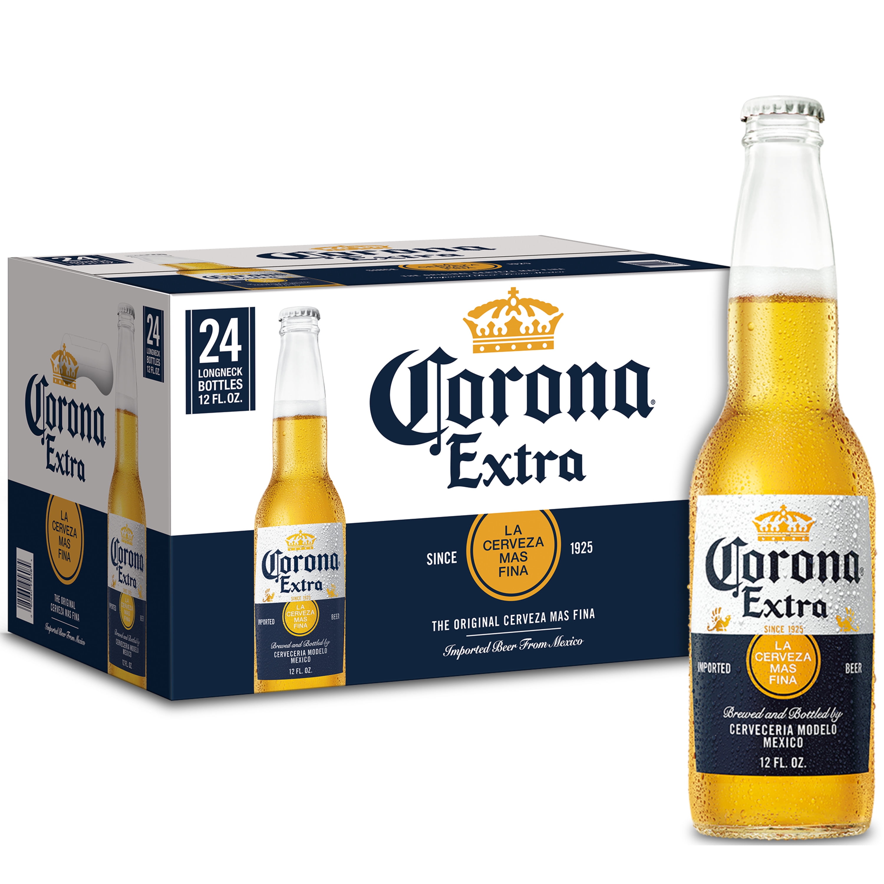Corona Extra Mexican Lager Import Beer, 24 Pack, 12 fl oz Glass Bottles,  4.6% ABV 