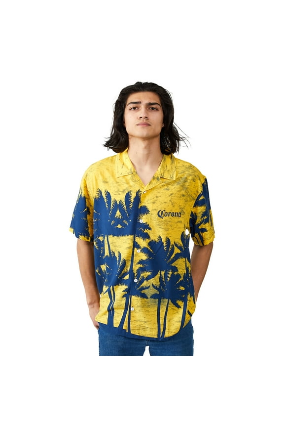 Corona Palm Tree Silhouettes Short Sleeve Woven Button-Down Yellow Men's Shirt-Medium