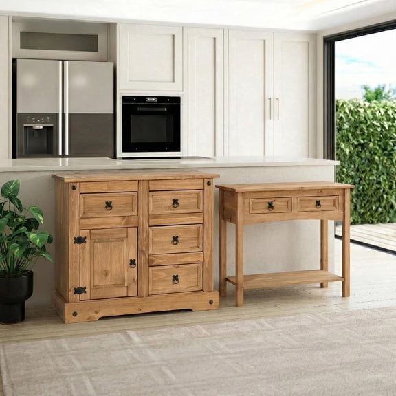 Corona Sideboard & Console Table Set 1 Door 4 Drawer Sideboard and 2 Drawer Console Table Reforested Wood Rustic Storage Furniture Easy to Assemble - Seconique