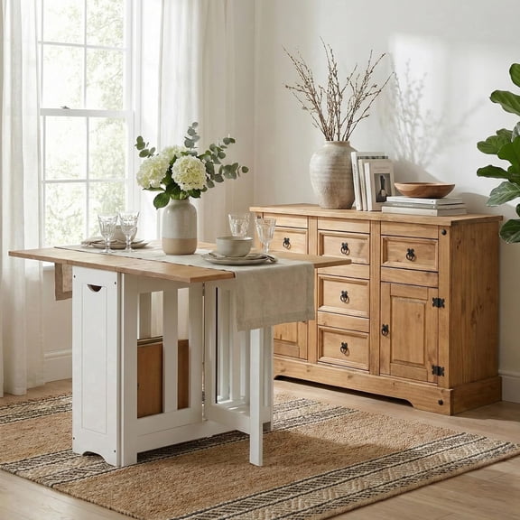 Corona Sideboard & Santos Butterfly Dining Set – 2-Door 5-Drawer Sideboard and Foldable Dining Table with 4 Nesting Chairs – Easy to Assemble - Seconique