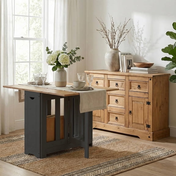 Corona Sideboard & Santos Butterfly Dining Set – 2-Door 5-Drawer Sideboard and Foldable Dining Table with 4 Nesting Chairs – Easy to Assemble - Seconique