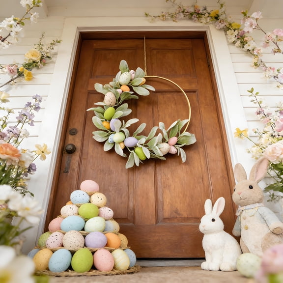 Corona de Pascua para puerta de entrada con huevos de colores, decoraciones variadas para árboles de primavera, decoración colorida para interiores y exteriores, patio y porche.