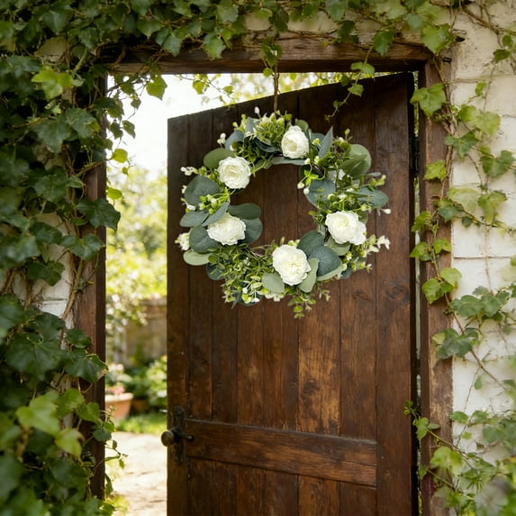 Corona de peonías de 35 cm para decoración del hogar, pared, primavera, escalera, colgante