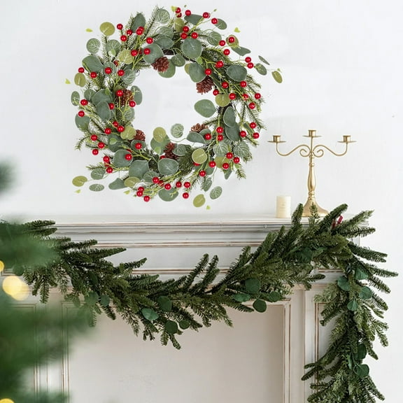 Corona de piña de frutos rojos artificiales para decoración de interiores y exteriores, ideal para colgar en la puerta principal.