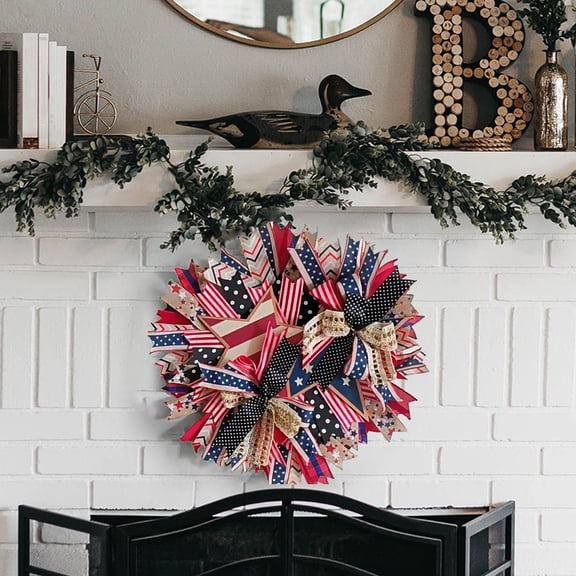 Corona del Día de la Independencia con pentagrama rojo y azul a rayas para colgar en la puerta, decoración del hogar, accesorios de 40 cm