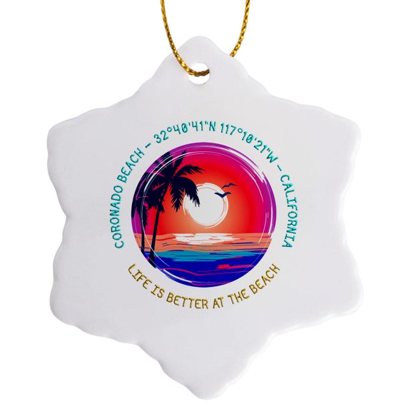 3drose, Coronado Beach, California. Life Is Better at the Beach Travel Gift, 3 inch Snowflake Porcelain Ornament