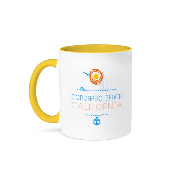 3dRose, Coronado Beach, California elegant text, images. Summer joy, 11oz Two-Tone Yellow Mug
