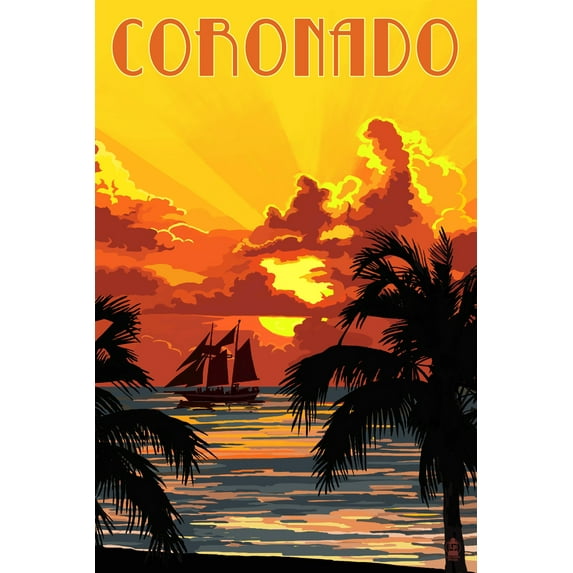 Coronado, California, Sunset and Ship (9x12 Wall Art Print, Home Decor)