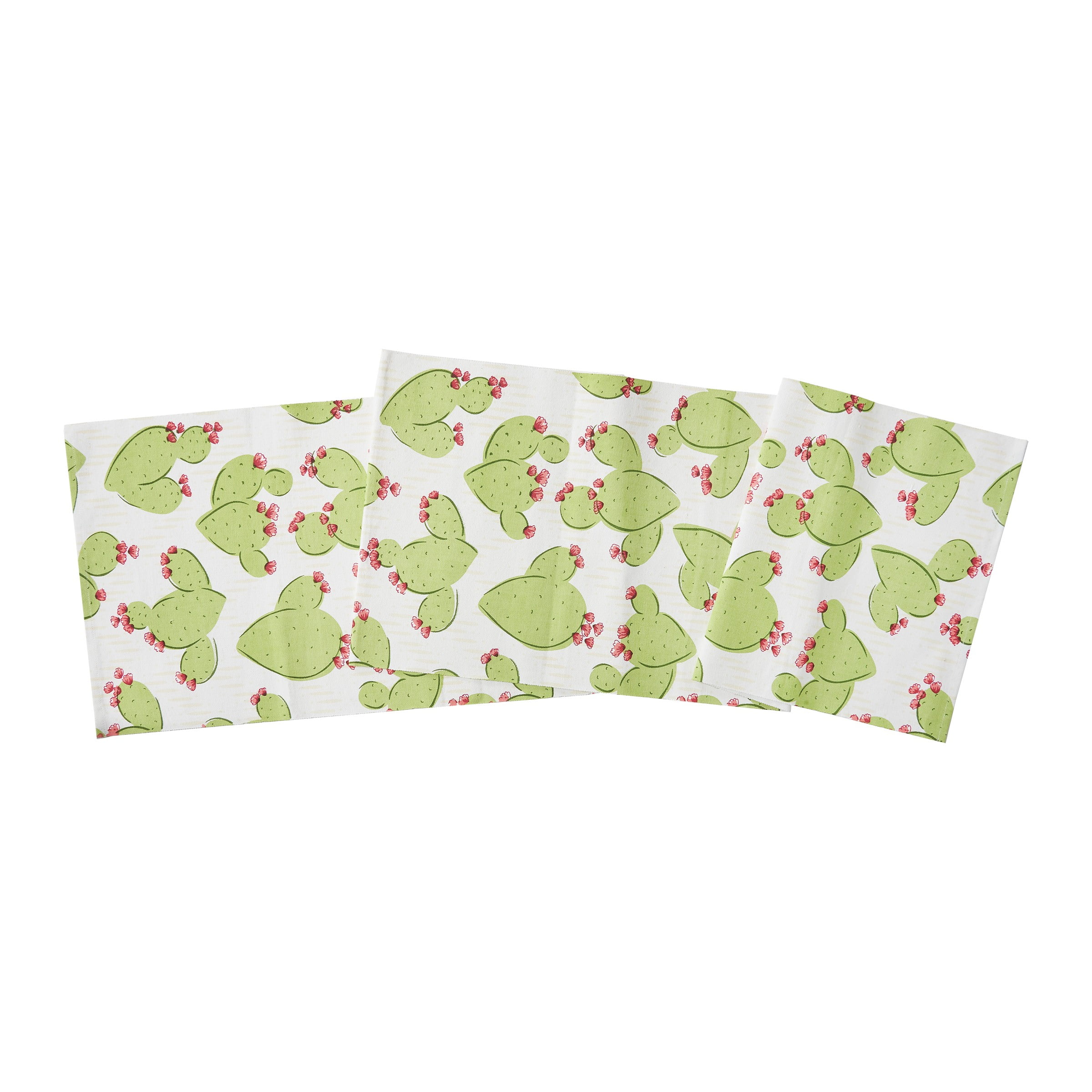 Whimsical Cacti Design Cotton Table Runner, 13" x 72", White and Green