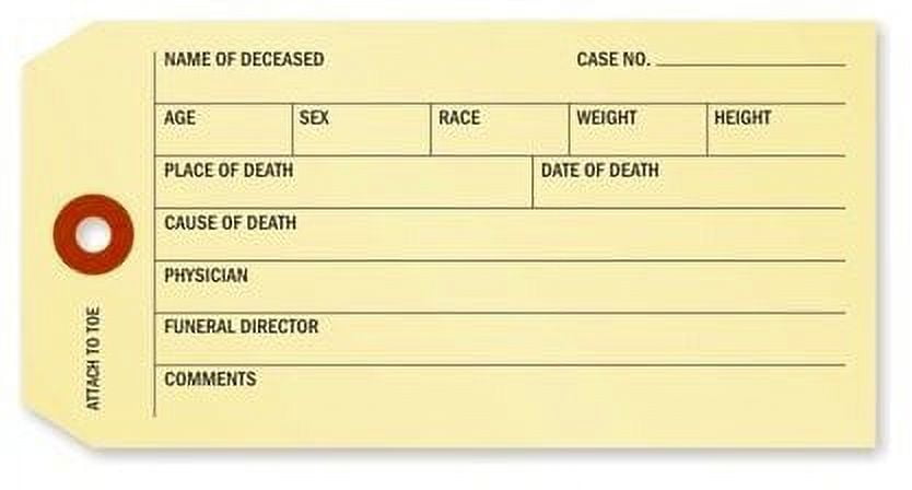 Coroner and Funeral Toe Identification Tag, 25 Tags/Pack, 5.25" x 2.625"