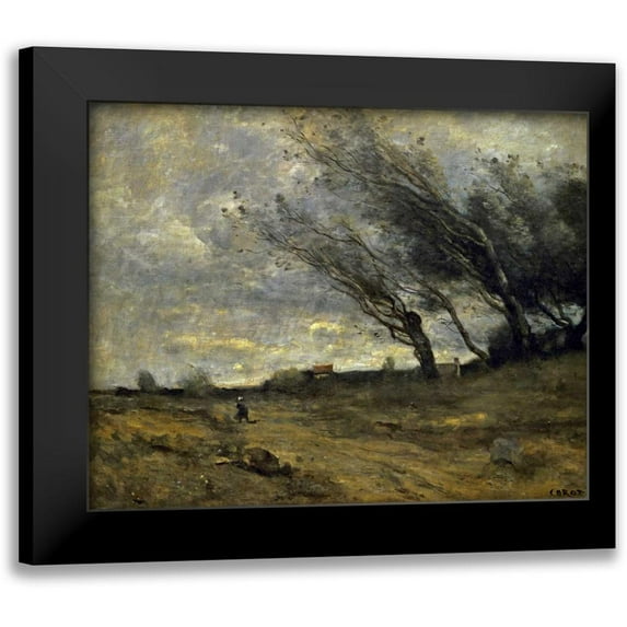 Corot, Jean-Baptiste-Camille 14x12 Black Modern Framed Museum Art Print Titled - A Gust of Wind