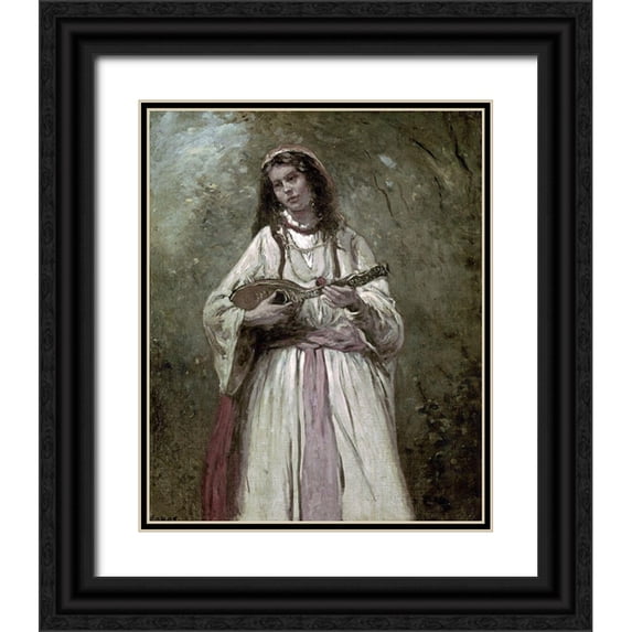 Corot, Jean-Baptiste-Camille 20x24 Black Ornate Wood Framed with Double Matting Museum Art Print Titled - Gypsy Girl With Mandolin
