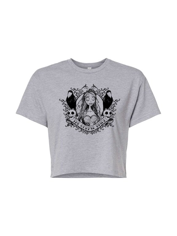 - Bride Portrait with Crows & Skulls - Juniors Cropped Cotton Blend T-Shirt