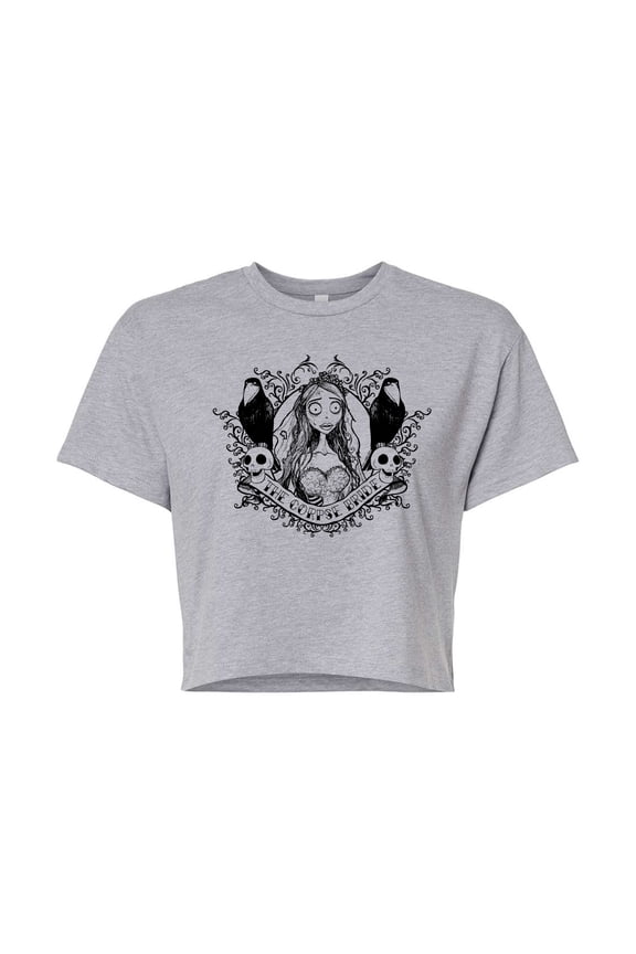 - Bride Portrait with Crows & Skulls - Juniors Cropped Cotton Blend T-Shirt