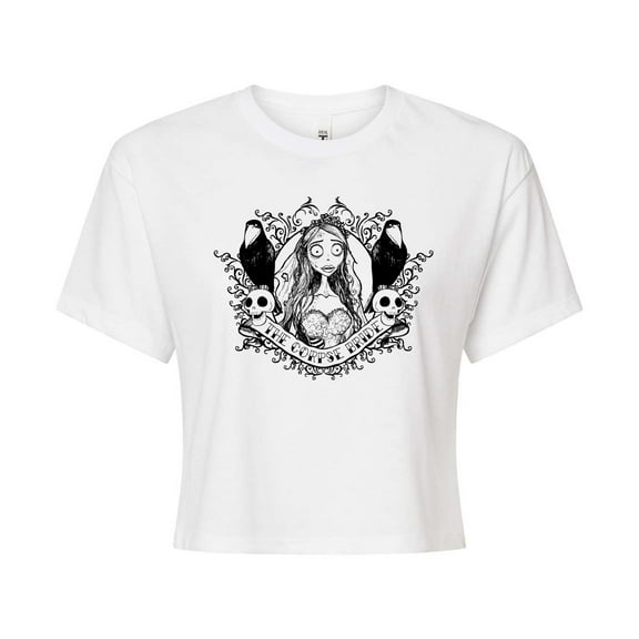 Corpse Bride - Bride Portrait with Crows & Skulls - Juniors Cropped Cotton Blend T-Shirt
