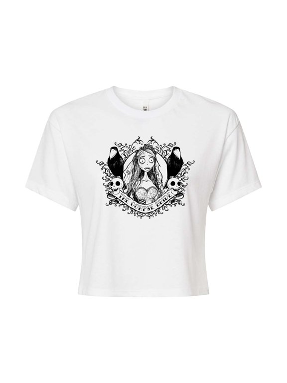 - Bride Portrait with Crows & Skulls - Juniors Cropped Cotton Blend T-Shirt