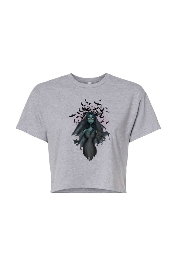 - Crows Flying Over Zombie Bride - Juniors Cropped Cotton Blend T-Shirt