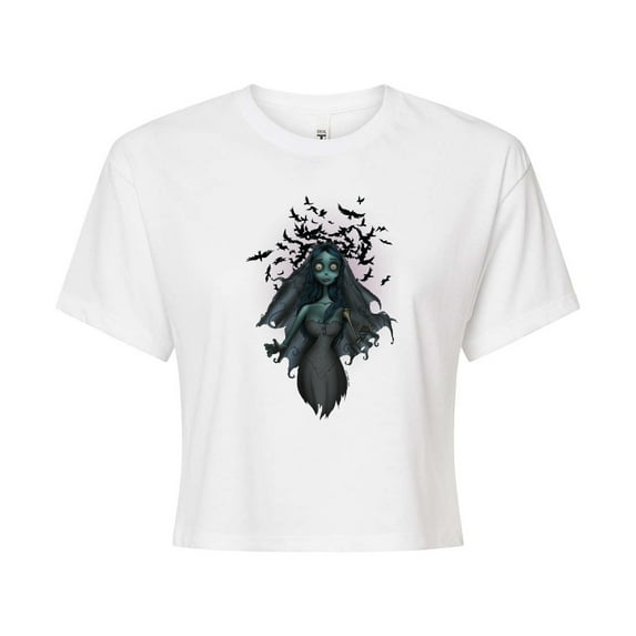 Corpse Bride - Crows Flying Over Zombie Bride - Juniors Cropped Cotton Blend T-Shirt