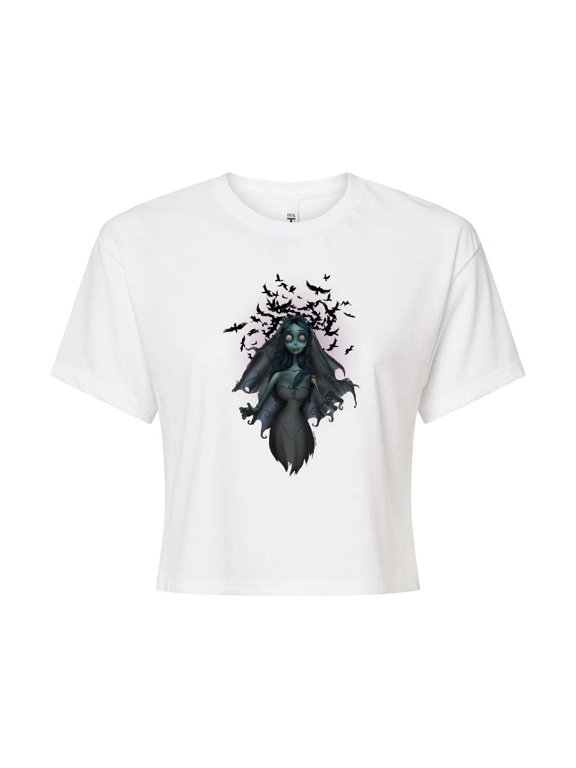 - Crows Flying Over Zombie Bride - Juniors Cropped Cotton Blend T-Shirt