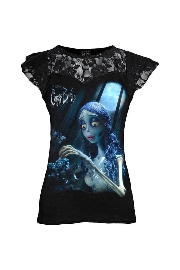 Corpse Bride Ladies Lace Layered Cap Sleeve Top: Glow In The Dark (Black)