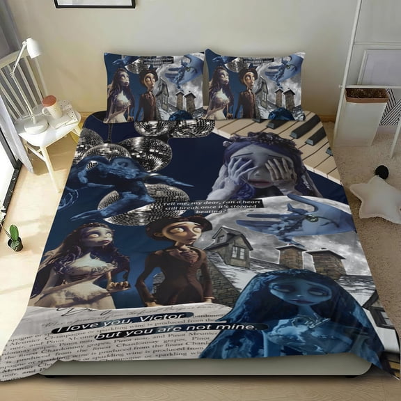 Corpse Bride 3-piece cotton bed sheet set, cozy & skin-friendly, with a unique design, quick-dry fabric, ideal for home decor gifts, 55x79 in (140*200 cm).