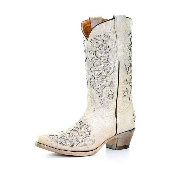 CORRAL Girls' White Glitter Inlay Snip Toe Cowboy Boots, Size: 3.5, Width: T (T0021-T-3.5)