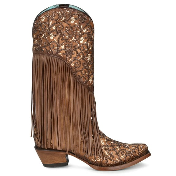 Corral Boots Womens Caracas Fringe Glitter Tooled Inlay Snip Toe Cowboy  Mi