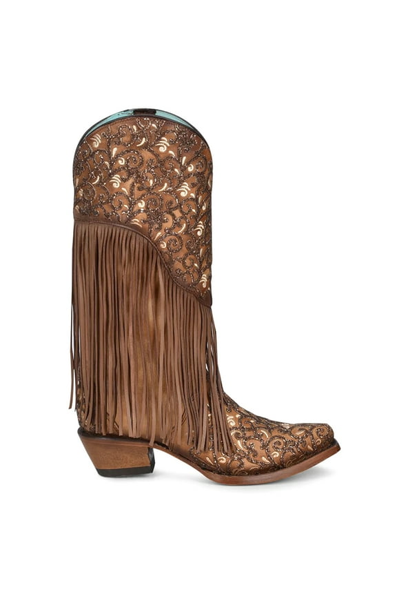 Womens Caracas Fringe Glitter Tooled Inlay Snip Toe Cowboy Mi